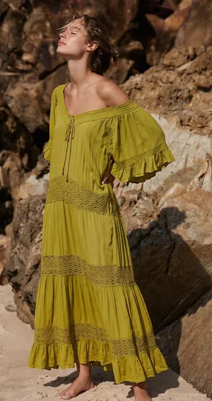 Free People Bohemian Witchy Dream On Maxi Dress Green XS NEW Crochet Gauze thumbnail 1
