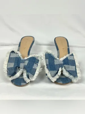 Gianni Bini Wendell Sandals Patchwork Denim Bow Gingham Mule Heels Blue Sz 7.5 thumbnail 8