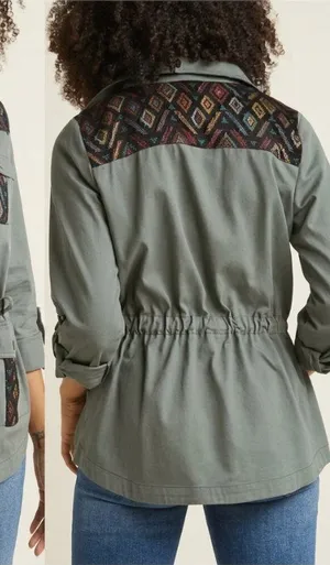 MODCLOTH Keep a Woven Mind Jacket Olive Army Green Multi Aztec Boho Embroidered thumbnail 1