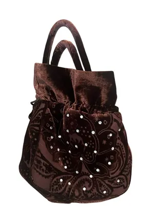 Rich Brown Velvet Drawstring Bucket Bag Ornate Tonal Paisley Rhinestones thumbnail 1