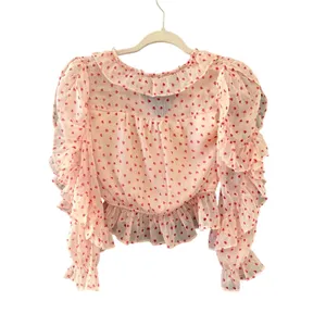 Francesca's Heart‎ Print Ruffle Crop Top Romantic XS Cream Red Coquette Chiffon thumbnail 3