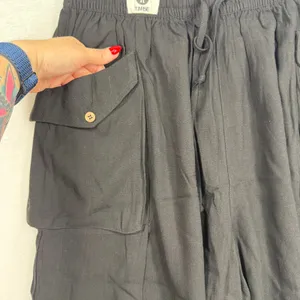 Tarse M Cargo Baggy Pants Parachute Black Linen Blend Wide Leg Boho Gorpcore New thumbnail 4