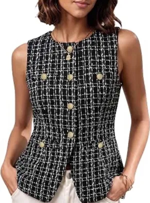 Mina Self Black White Tweed Plaid Sleeveless Vest Gold Button XX140 Small NEW thumbnail 1