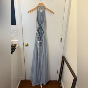 Dessy Stand Collar Halter Maxi Dress Crisscross Open Back Mist Size 2 Bridesmaid thumbnail 4