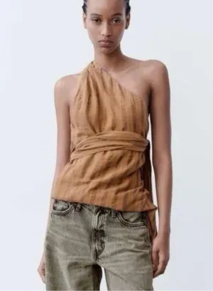NWT Zara Asymmetric One Shoulder Wrap Halter Beaded Boho Top thumbnail 4