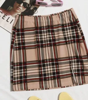 SheIn plaid beige bodycon skirt thumbnail 1