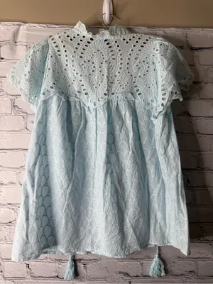 Adiva Blue Eyelet lace ruffle sleeve blouse size large thumbnail 5