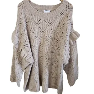 Old Navy Sweater Sz 4X Pointelle Knit Ruffle Trim Metallic Oatmeal Cozy‎ thumbnail 2