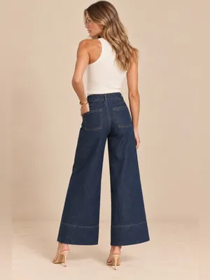Zara Y2K Dark Wash High Rise Palazzo Wide Leg Patch Pocket Jeans 26” Inseam Crop thumbnail 8
