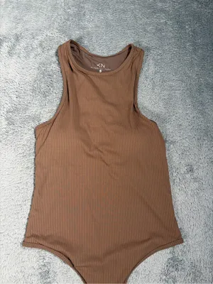 Klassy network Brown Ribbed Tank top bodysuit built in padding small thumbnail 2