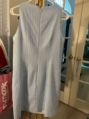 London Times Blue & White Striped Seersucker Dress with Crochet Panel thumbnail 8