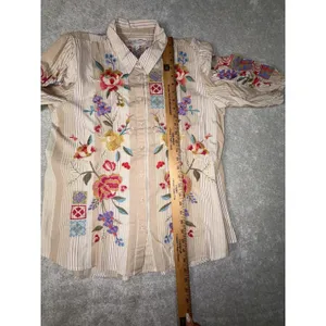 Johnny Was Petunia Smocked Lisbon Shirt Med Embroidered Floral Button Down‎ thumbnail 4