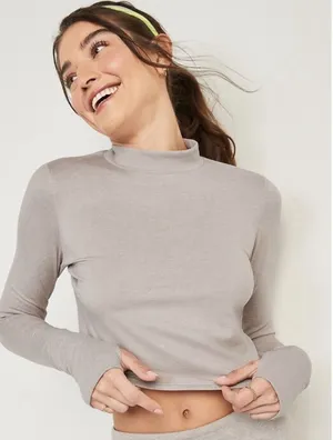 Old Navy CozeCore Long Sleeve Cropped Rib Paneled Active Top‎ Moon Mist Beige XL thumbnail 1