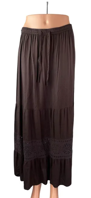 Bass Women's Brown Floral Eyelet Tiered Ruffled Flowy Boho Maxi A-Line Skirt M thumbnail 1