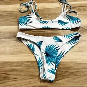 White and Blue Tropical Leaves Two Piece Bikini Women’s Small thumbnail 2