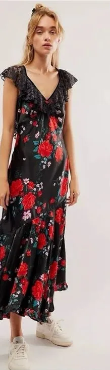 Free People Warm‎ Hearts Satin Midi Dress Size XS Lace Floral Dainty Romantic thumbnail 1