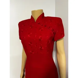 Vintage Taurus II Red Cheongsam Style Floral Jacquard ASIAN Midi Dress Size 8P thumbnail 2