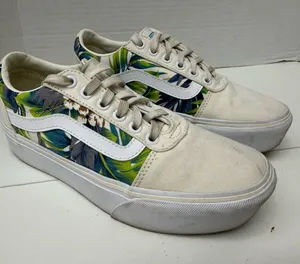 Vans Low Top Canvas Sneakers - White with Green Blue Floral size 6.5 thumbnail 1