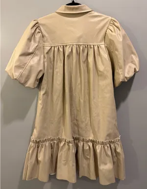 Karlie Puff Sleeve Button Front Collared Faux Leather Dress Beige thumbnail 2