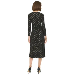 NWT Tommy Hilfiger Long Sleeve Ruched Waist Fit Flare Dress Black / Gold 8 thumbnail 2