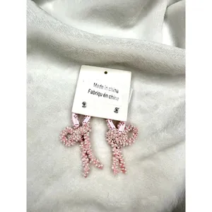 NEW Free People Brandy Bow Dangles Earrings Beaded In Pink Elegant Femme Funky thumbnail 3