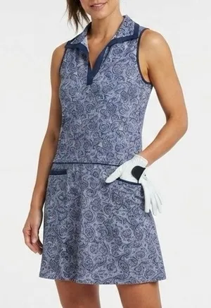 Scratch Seventy Sleeveless Collared Golf Tennis Polo Dress Blue Paisley Size M thumbnail 1