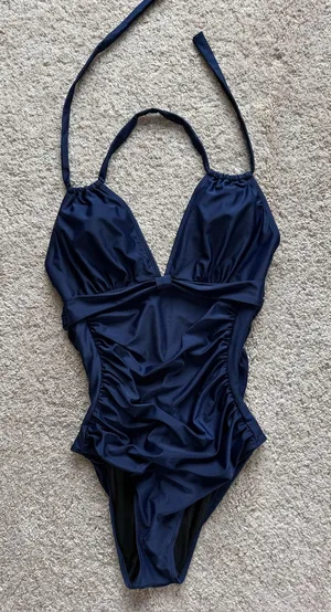 Women's Navy Blue Halter One-Piece Swimsuit Size Large Fully Lined Excellent thumbnail 1
