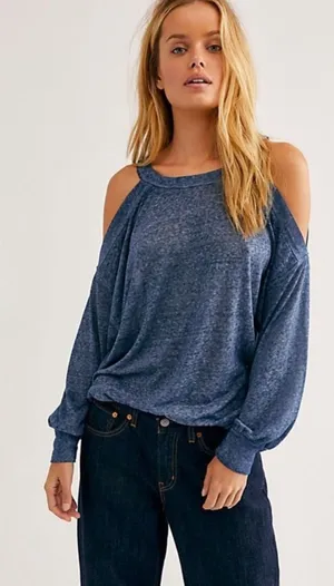 Free People We The Free Chill Out Blue Cold Shoulder‎ Burnout Tee Medium Boho Soft Girl thumbnail 1