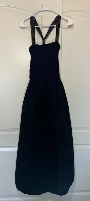 Zara Topstitched Midi‎ Dress Black Ruched Peplum Dress With Tan Cotton Size: S thumbnail 1