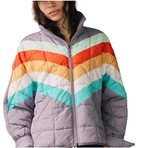 NWT FREE PEOPLE Women’s Rainbow Chevron Striped Pippa Puffer Jacket thumbnail 1