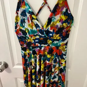 Flyaway Collection Multi-Color Abstract Ikat Cross-Back Handkerchief Hem Dress L thumbnail 6