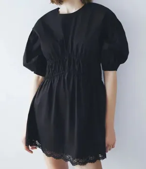 Zara Mini DRESS W/ MATCHING LACE TRIM BALOON SLEEVES Black Size XS NEW thumbnail 1