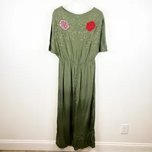 Anthropologie Seen‎ Worn & Kept Embroidered Satin Jumpsuit S Green Boho Chic thumbnail 2
