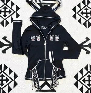 Rare Skelanimals x TRIPP NYC Black Bunny Ears Zip Up Hoodie Size Large thumbnail 1