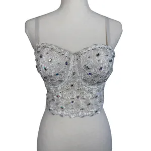 White Lace Bustier Crop Top Womens M Beaded Rhinestone Corset Cami Y2K Bridal thumbnail 7