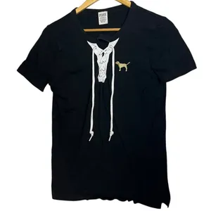 Victoria's‎ Secret Pink Women's XS T-Shirt Black Neck Lacing Dog Logo Love Pink thumbnail 1