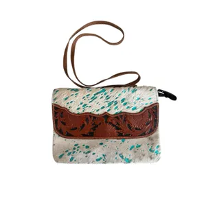 Myra Bag Turquoise-Speckled Cowhide Crossbody with Tooled Leather Trim thumbnail 12