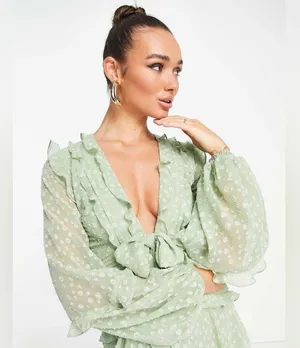 ASOS Pleat Detail Midi Dress In Jacquard Satin Spot With Tie Detail In Sage thumbnail 2