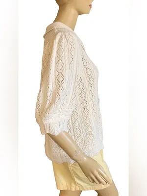 Lands' End Pointelle Knit Cotton Blend White Puffed Sleeve Cardigan (Xl) thumbnail 5