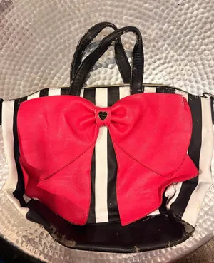 Vintage Black & White Stripe Tote with Large Pink Bow thumbnail 1