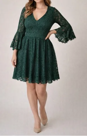 ModCloth Through the Bluebells Forest Green Lace 3/4 Bell Sleeve Mini Dress L thumbnail 1