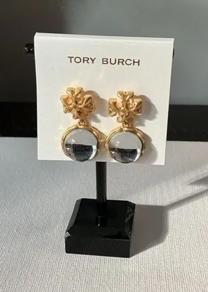 Tory Burch NWT Gold Logo Drop Earrings Clear Stone Dangle thumbnail 1