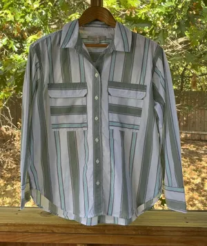 LOFT Women's Sage Green & White Striped Patch Pocket Shirt Size M thumbnail 1
