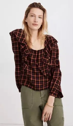 Madewell Plaid‎ Ruffled Sqaureneck Gingham Red and Black Top Size L Cotton thumbnail 1
