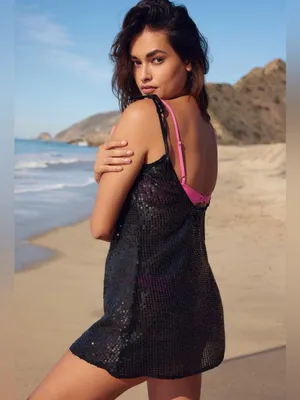 NWT LULUS Women Beachside Stunner Black Sequin Swim Cover-Up Size Medium thumbnail 3