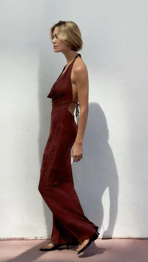 Zara Burgundy maxi Halter open back Dress wedding evening holiday party thumbnail 10