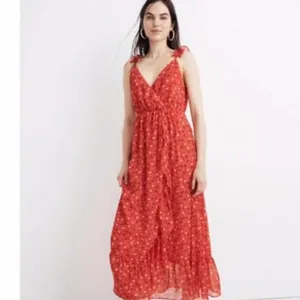 NWT Madewell Ruffle Strap Wrap Prairie Dress Red thumbnail 5