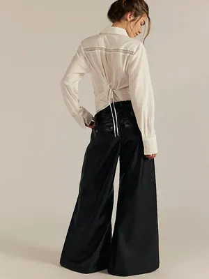 Free People Julien Black High Rise Wide Leg Vegan Leather Pants Drawstring XS thumbnail 12