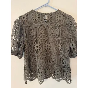 Ultra pink olive green crochet lace puff sleeve top floral pattern women medium thumbnail 3