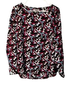 Loft Women's Size Small Long Sleeve Blouse Chest Pocket Black White Blue Floral thumbnail 1